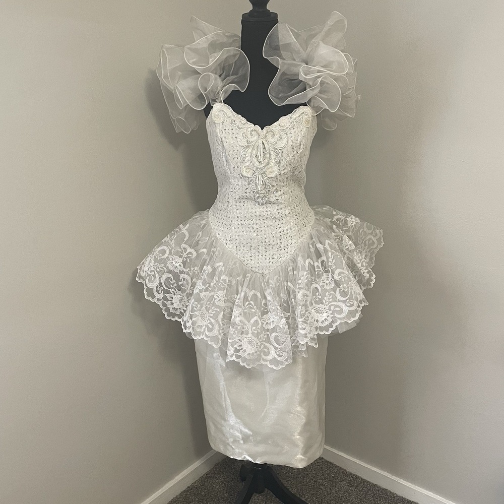 VTG 80s LOLARIE Lace Sequins Midi Wedding/Prom Dress Princess‎ Fairy Coquette M